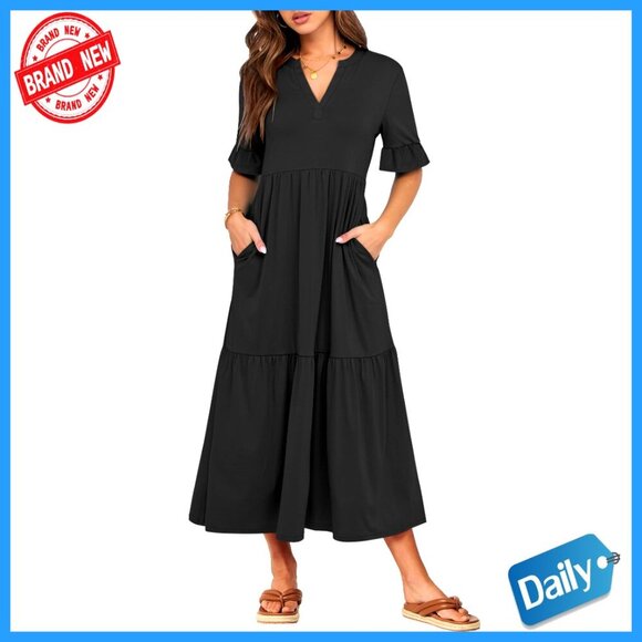 Dresses & Skirts - Summer Maxi Dress Ruffle Sleeve V-Neck Flowy Tiered Boho Casual Beach